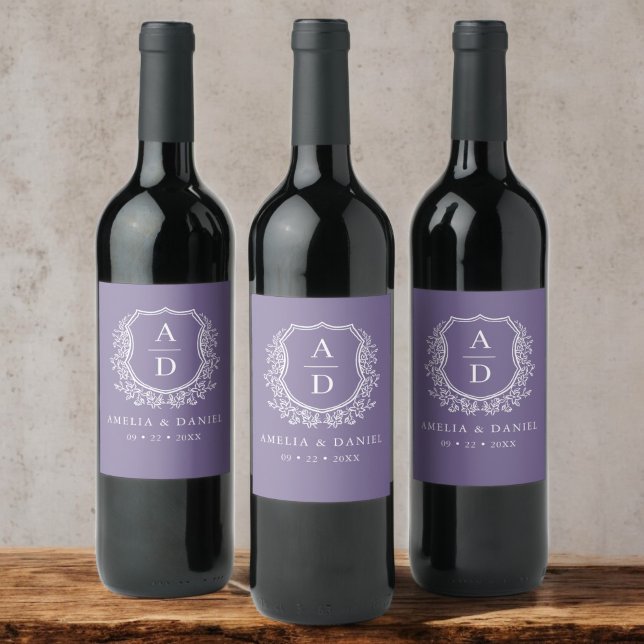 Purple Botanical Crest Modern Monogram Wedding  Wine Label (Creator Uploaded)