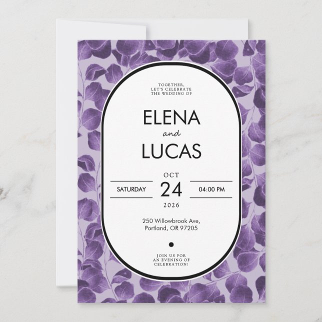 Purple Botanical Eucalyptus Wedding Invitation (Front)