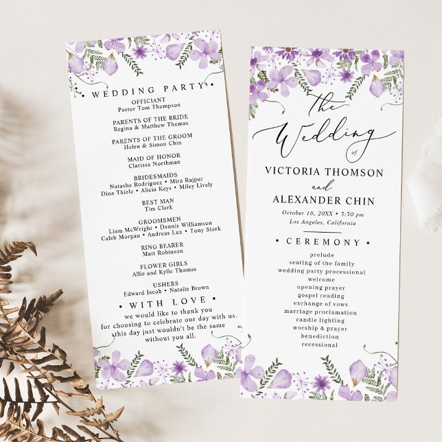 Purple Botanical Floral Wedding Program  Menu (Creator Uploaded)