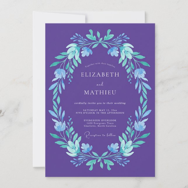 Purple Botanical Garland Wedding Invitation (Front)