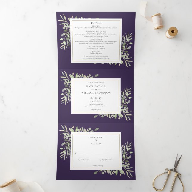 Purple Botanical Greenery Leaves Photo Wedding Tri-Fold Invitation (Inside)