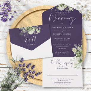 Purple Botanical Greenery Monogram Wedding All In One Invitation