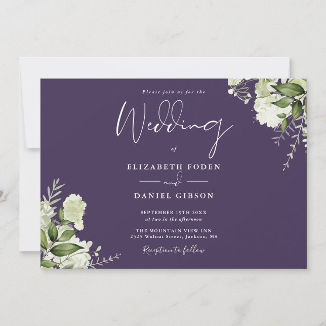 Purple Botanical Greenery Monogram Wedding Invitation (Front)