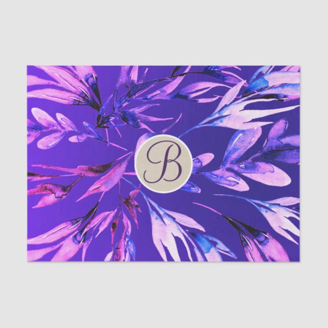 Purple Botanical Leaves Monogram Letter Initial Tissue Paper (Front)