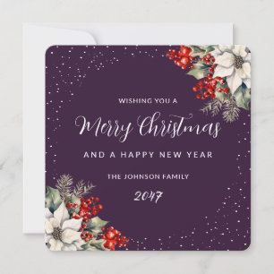Purple Botanical Merry Christmas New Year Card
