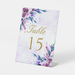Purple Botanical Peony Gold Wedding Table Number  Pedestal Sign