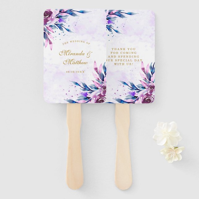 Purple Botanical Peony Gold Wedding Thank You Hand Fan (Front and Back)