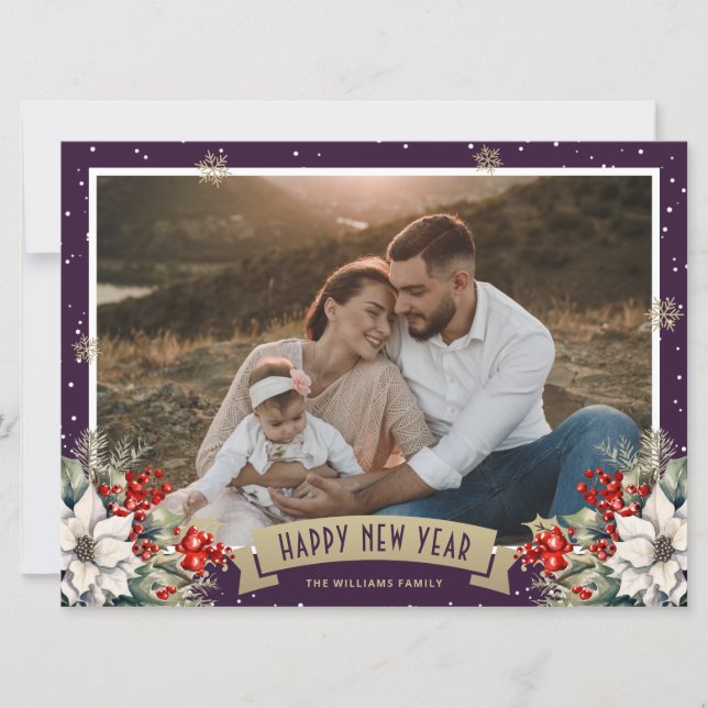 Purple Botanical Snowflake Photo Happy New Year Holiday Card (Front)