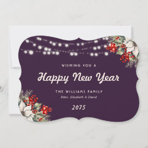 Purple Botanical String Lights New Year Card