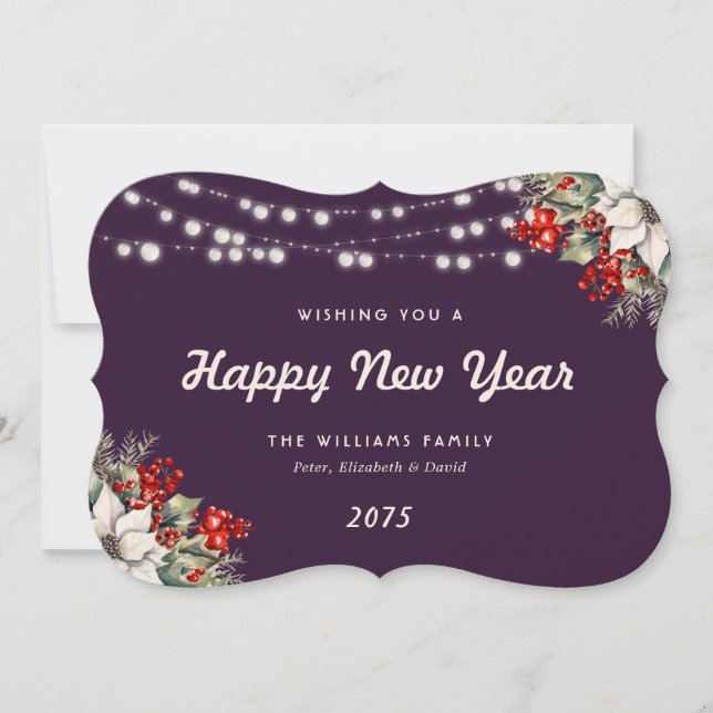 Purple Botanical String Lights New Year Card (Front)