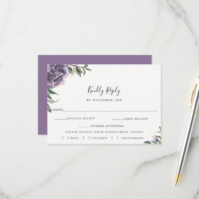 Purple Botanical Wedding RSVP Meal Choice Card (Front/Back In Situ)