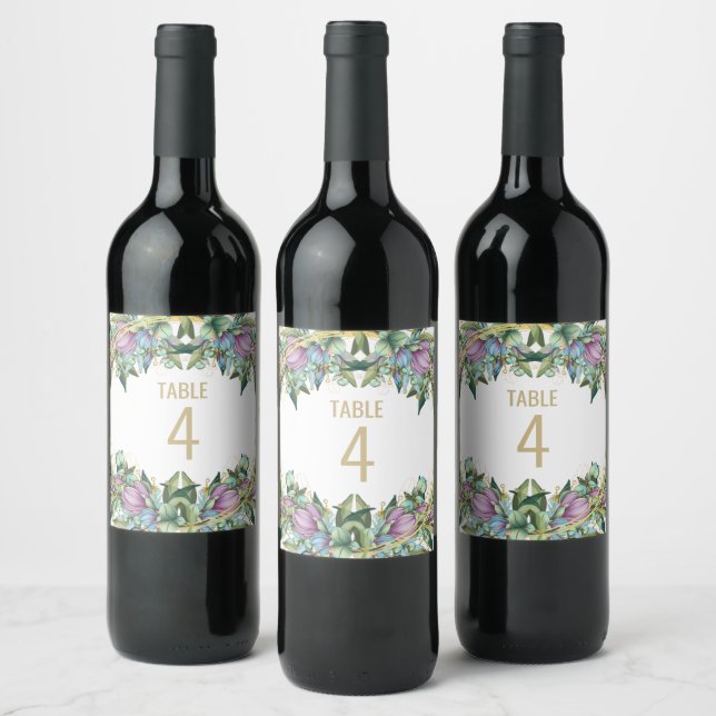 Purple Botanical Wedding Wine Label Table Number (Bottles)