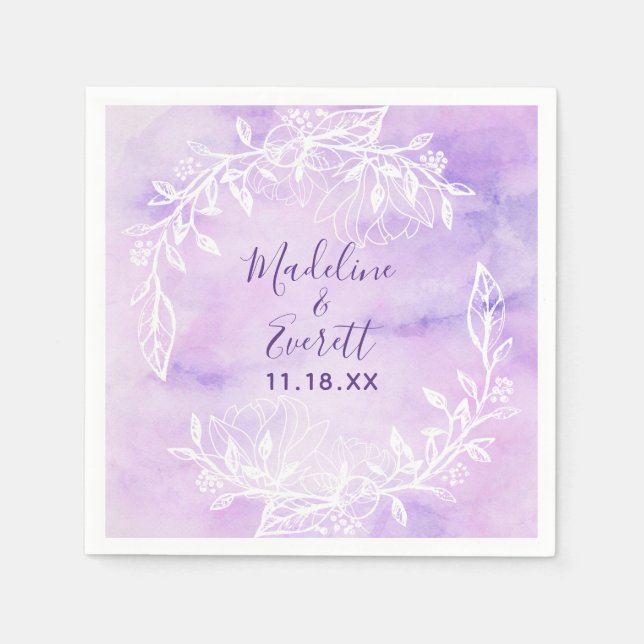 Purple Botanical White Floral Wedding Monogram Napkin (Front)