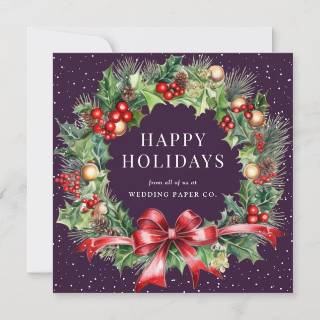 Purple Botanical Wreath Snow Business Holiday Card (Front)