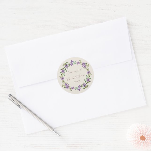 Purple Botanical Wreath Wedding Monogram Classic Round Sticker (Envelope)