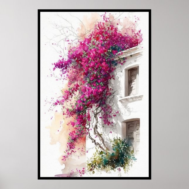 Purple Bougainvillea on Eaves Watercolor Poster (Front)