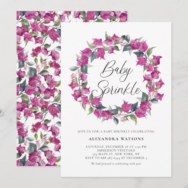 Purple Bougainvillea Wreath Baby Sprinkle Shower Invitation (Front/Back)