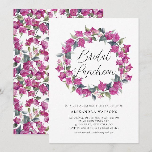 Purple Bougainvillea Wreath Bridal Luncheon Invitation (Front/Back)