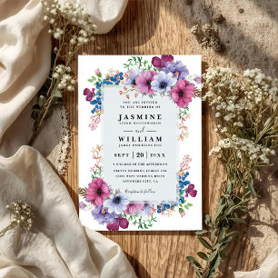 Purple Bouquet Wildflowers Elegant QR Code Wedding Invitation