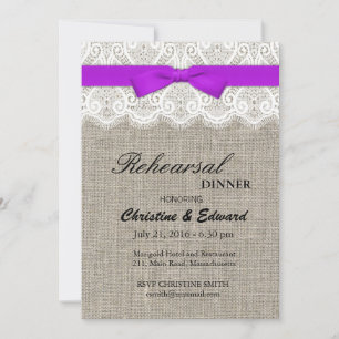 Purple Bow and Lace Wedding Rehearsal Dinner Invitation