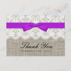 Purple Bow and Lace Wedding Thank You Card
