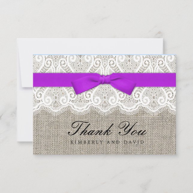 Purple Bow and Lace Wedding Thank You Card (Front)