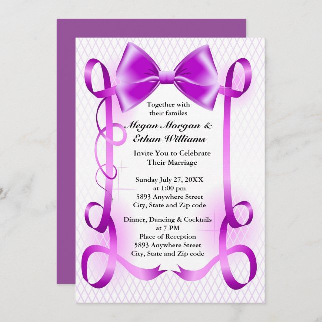 Purple Bow and Ribbon Border Wedding Invitation (Front/Back)