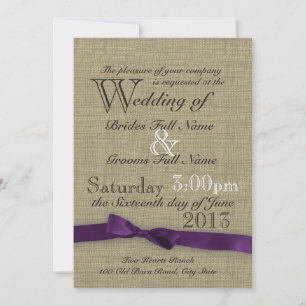 Purple Bow and Rustic Burlap Wedding Invitation