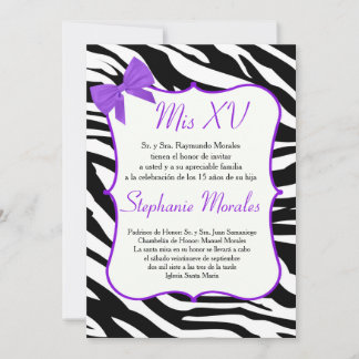 Purple Bow and Zebra Quinceanera Invitation