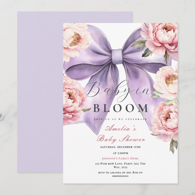 Purple Bow Baby in Bloom Baby Shower Pink Peony Invitation (Front/Back)