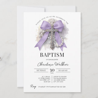 Purple Bow Baptism Invitation | Cross & Rosary
