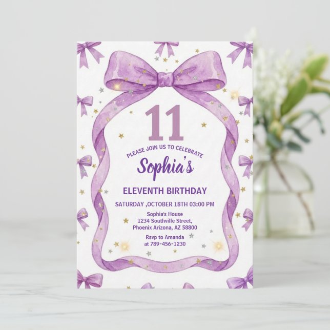 Purple Bow Birthday Invite, Girls 11th Birthday  Invitation (Standing Front)