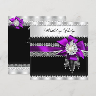 Purple Bow Black Pearl Lace Pearl Birthday Party Invitation