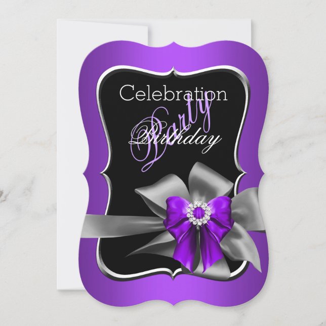 Purple Bow Black Silver Birthday Party Invitation (Front)