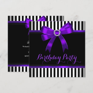 Purple Bow Black White Striped Birthday Party Invitation