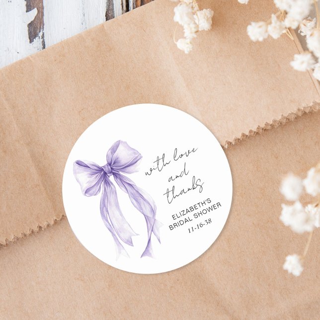 Purple Bow Bridal Shower Thank You Classic Round Sticker (Purple Bow Bridal Shower Thank You Classic Round Sticker)