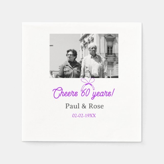 Purple bow cheers to 60 years anniversary wedding  napkin (Front)