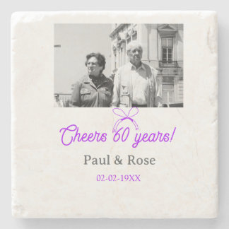 Purple bow cheers to 60 years anniversary wedding  stone coaster