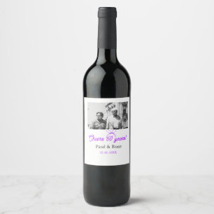 Purple bow cheers to 60 years anniversary wedding wine label