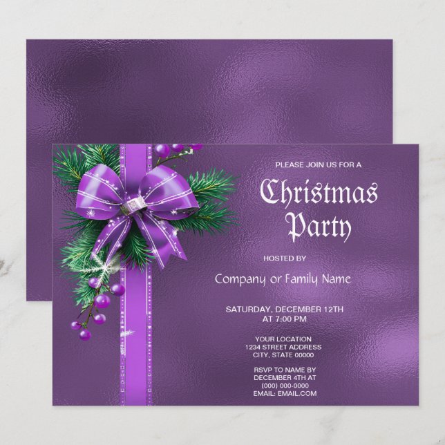 Purple Bow Christmas Party Invitation (Front/Back)