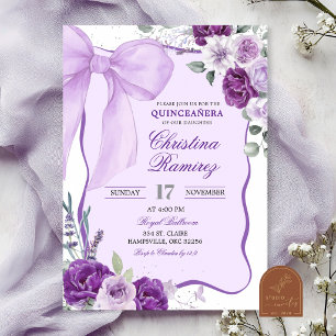 Purple Bow Coquette Floral Quinceanera Invitation