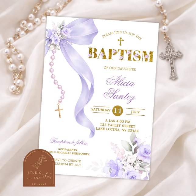 Purple Bow Coquette Rosary baptism Invitation (Creator Uploaded)
