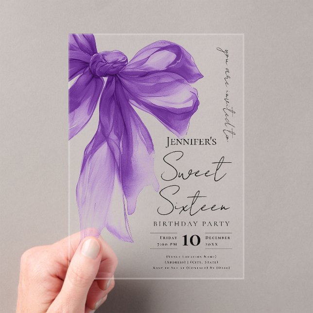 Purple Bow Coquette Script Sweet 16 Party Acrylic Invitations (Insitu (Handheld))