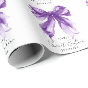 Purple Bow Coquette Script Sweet 16 Party Wrapping Paper