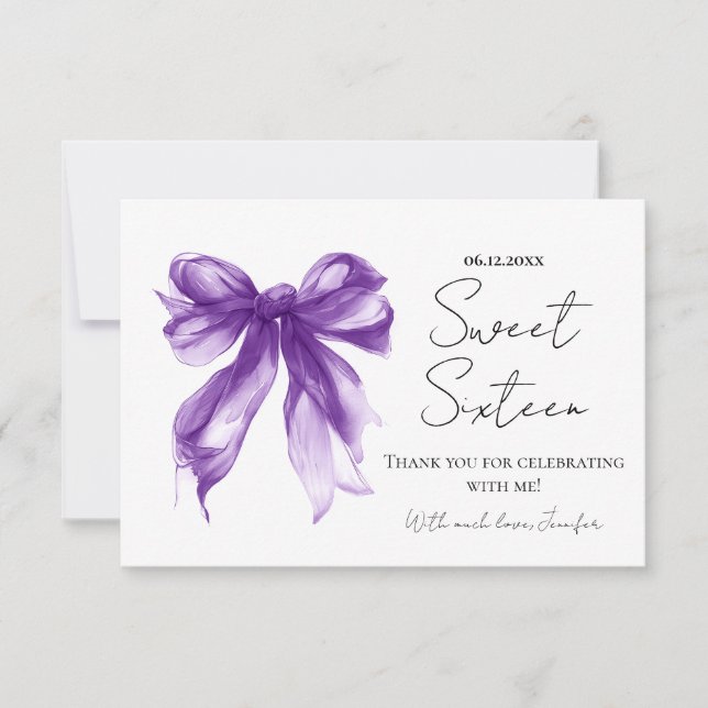 Purple Bow Coquette Script Sweet 16 Thank You  (Front)