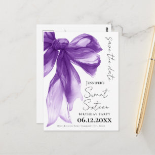 Purple Bow Coquette Sweet 16 Save the Date Postcard
