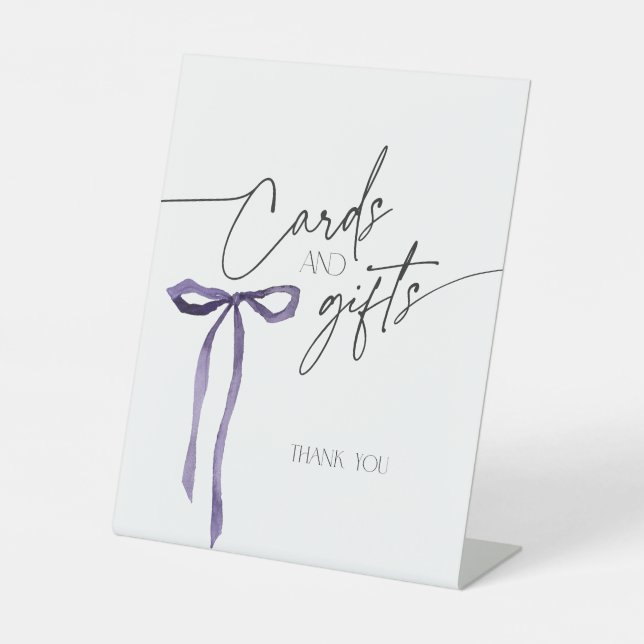 Purple Bow Coquette Tying the Knot Cards and Gifts Pedestal Sign (Front)
