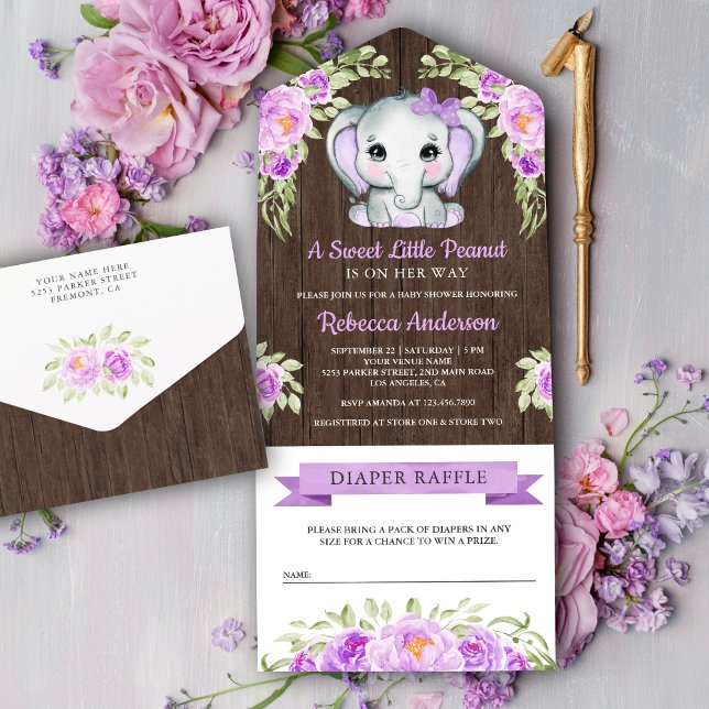 Purple Bow Floral Elephant Barn Wood Baby Shower All In One Invitation (Creator Uploaded)