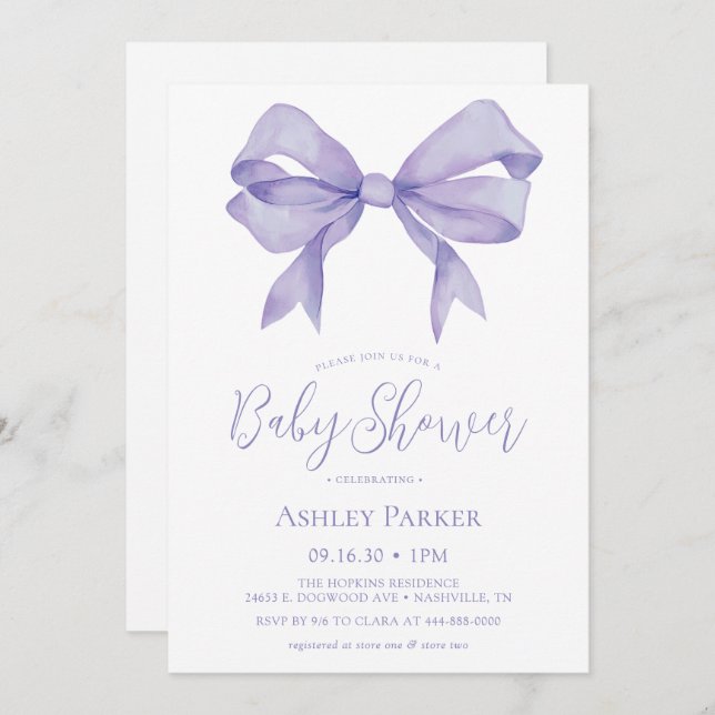 Purple Bow Girl Baby Shower Invitation (Front/Back)