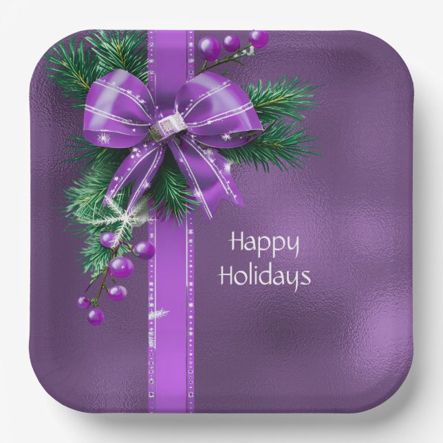 Purple Bow Holiday Paper Plate (Front)